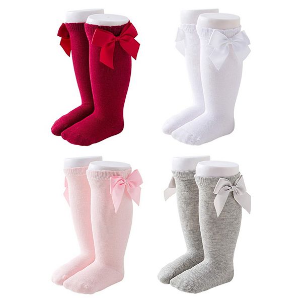 Baby & Toddler Knee High Bow Socks, Red Pink White Gray, 4 Pair CozyWay