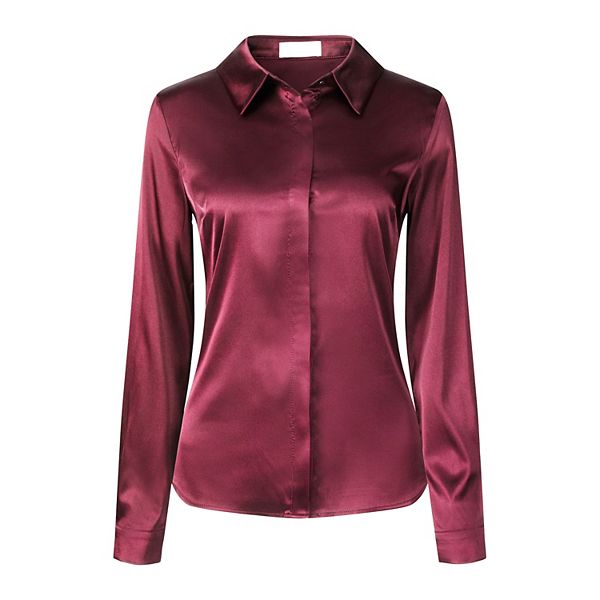 Women's Satin Blouse Long Sleeve Work Office Button Down Shirt Top Hombety