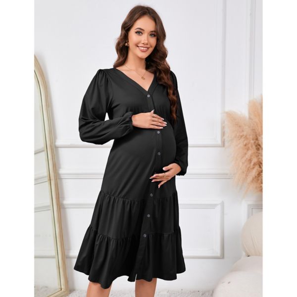 Womens Long Sleeve Maternity Dresses V Neck Button Down Tiered Flowy Aline Waist Shirt Dress Clearlove