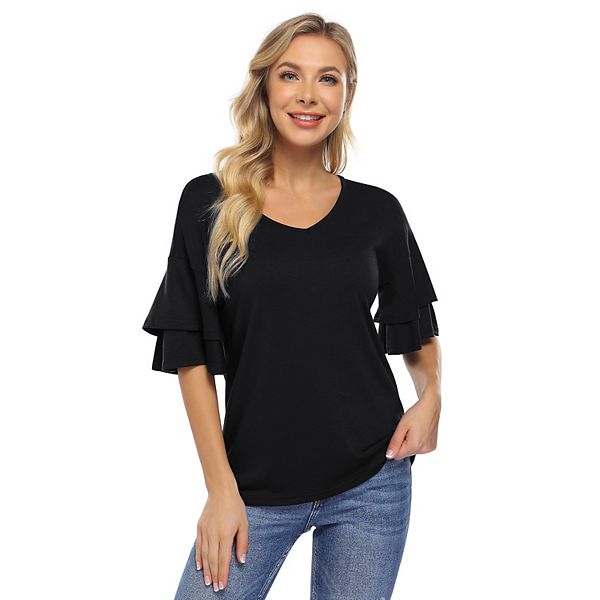 Women's Ruffle Tunic Top Casual V Neck Shirt Bell Half Sleeve Pullover Blouse Top Clearlove