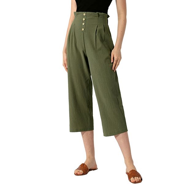 Women's Cotton Linen Pants Elastic Waist Lightweight Buttons Casual Trousers Allegra K