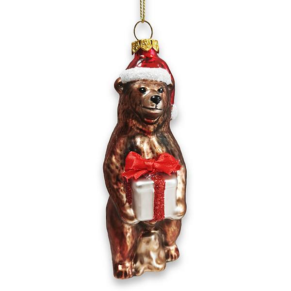 Grizzly Bear with Santa Hat and Gift Glass Christmas Ornament OrnamentallyYou