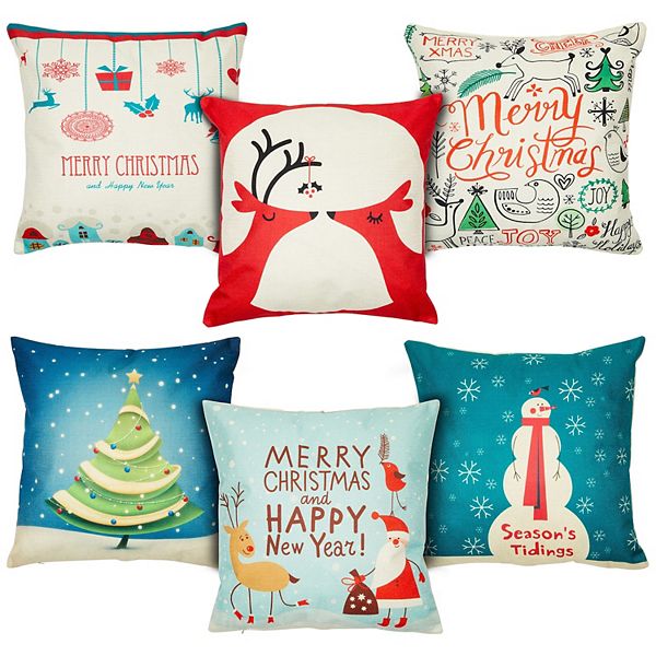 18x18 Holiday Throw Pillow Covers, Merry Christmas, Seasons Tidings, Happy New Year (6 Pack) Juvale