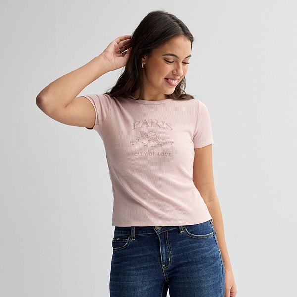 Juniors'' Pink Rose Short Sleeve Thermal Top Pink Rose