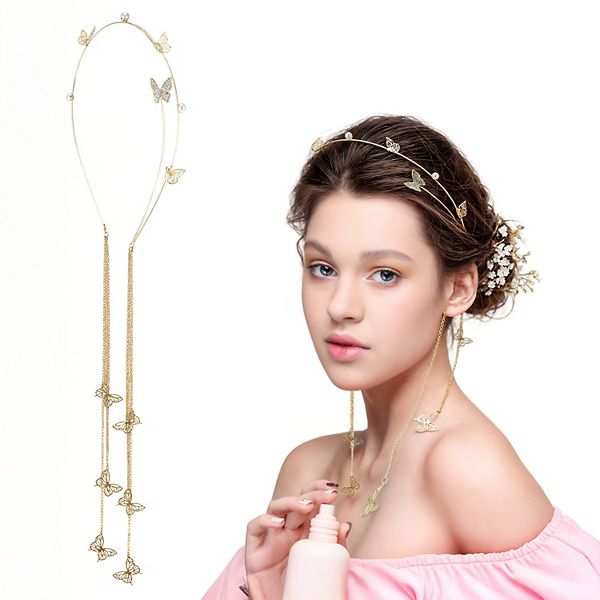 Gold Tone Tassel Butterfly Headpiece Head Chain, Fairy Headpiece Hair Hoop Hair Vine Accessories Unique Bargains