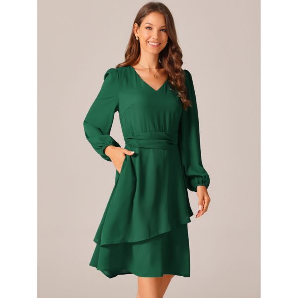 Women's Long Sleeve V Neck Dress High Waist Layered Swing Casual Dresses With Pockets Seta T