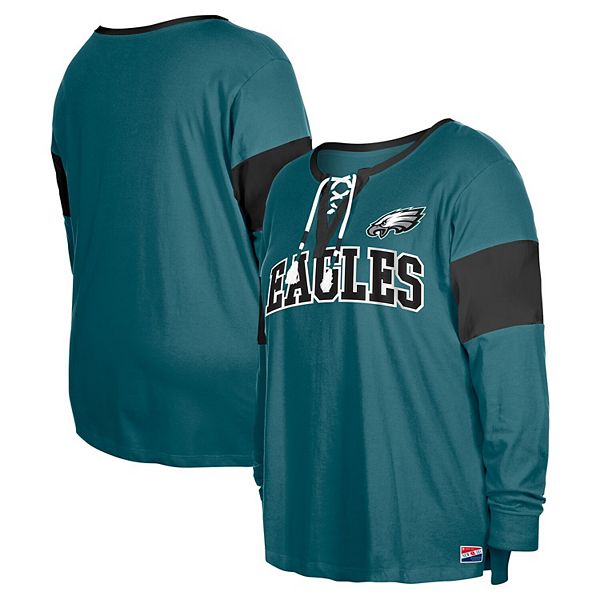 Women's New Era Midnight Green Philadelphia Eagles Plus Size Lace-Up Notch Neck Long Sleeve T-Shirt New Era