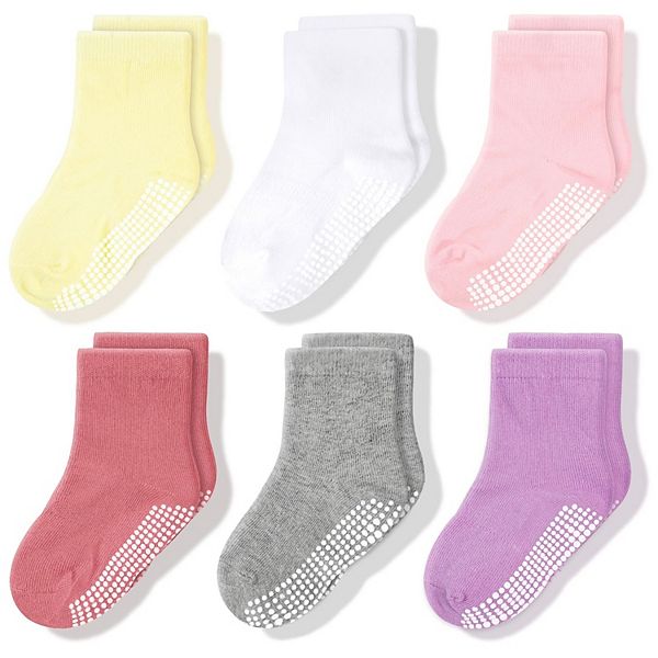 Non-slip Crew Grip Socks Youth Girls Solid - 6 Pairs, 5-7 Years Old CozyWay