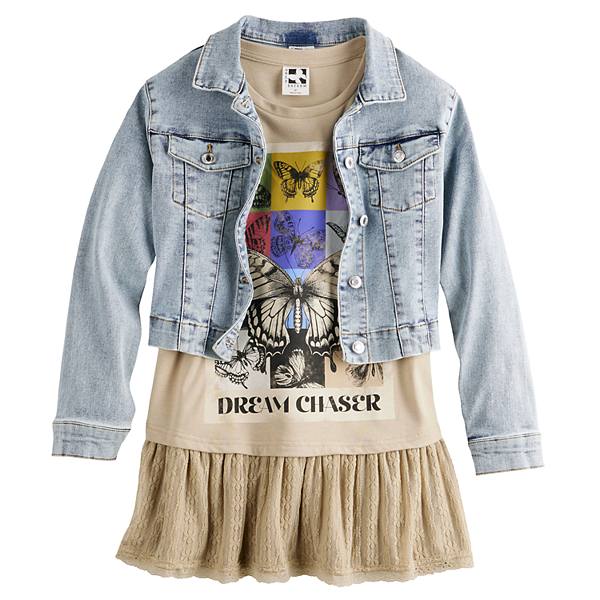 Girls 7-16 Self Esteem T-Shirt Dress with Drop Waist Skirt and Denim Trucker Jacket Self Esteem