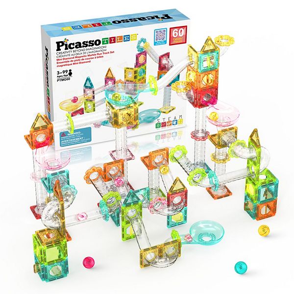 PicassoTiles 60 PC Mini Marble Race Track Building Block & Magnetic Tiles, STEM Toy for Kids 3+ PicassoTiles