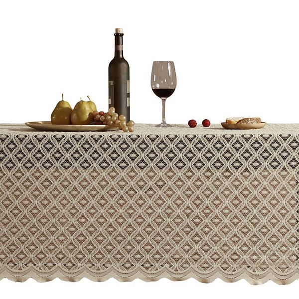 HLC.me Alona Lace Fabric Tablecloth For Rectangle Tables, Wrinkle Resistant, Patterned Scalloped Thd