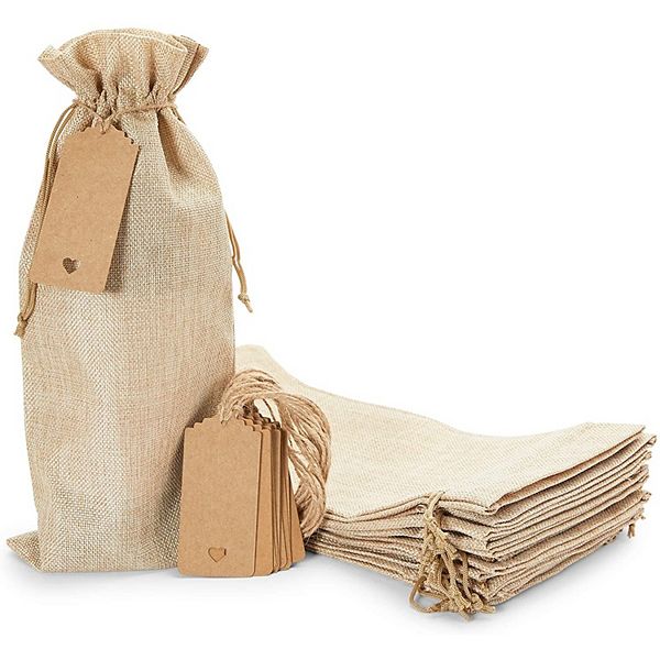 Burlap Wine Gift Bags With Drawstrings And Tags (6.4 X 14.5 In, 12 Pack) Sparkle and Bash