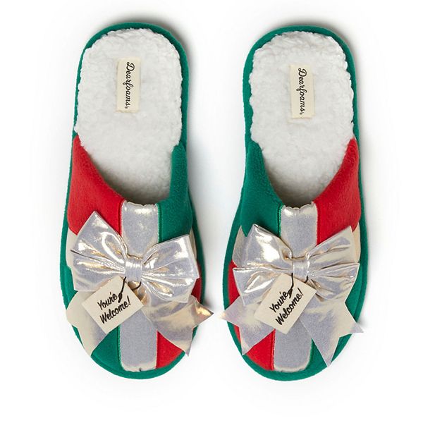 Dearfoams Holiday Green Gift Bow Novelty Adult Scuff Slippers Dearfoams