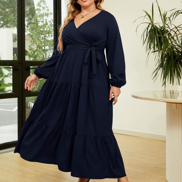 Women Plus Size V Neck Wrap Maxi Dress High Waist Ruffle Summer Casual Dress with Belt Long Sleeve Kojooin