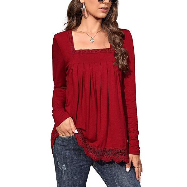 Long Sleeve Tunic Tops For Women Plus Size Square Neck T Shirt Solid Color Fall Lace Blouse Kojooin