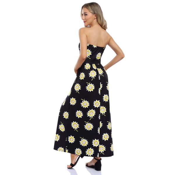 Women's Summer Bohemian Floral Printed Strapless Beach Party Long Maxi Dress Kojooin