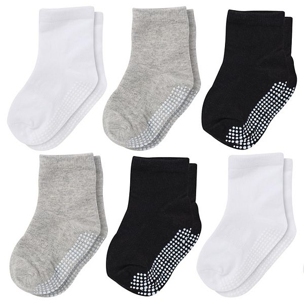 Non-slip Crew Grip Socks Youth Black/white/gray - 6 Pairs, 5-7 Years Old CozyWay