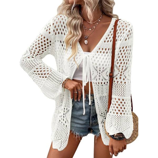 Women's Crochet Cardigan Light Weight Long Sleeve Tie Front Hollow Out Thin Cardigan Kojooin