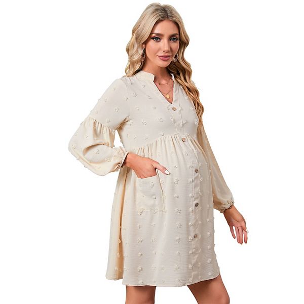 Women's Maternity Swiss Dot Dress V Neck Long Sleeve Button Down Mini Dress with Pockets Kojooin