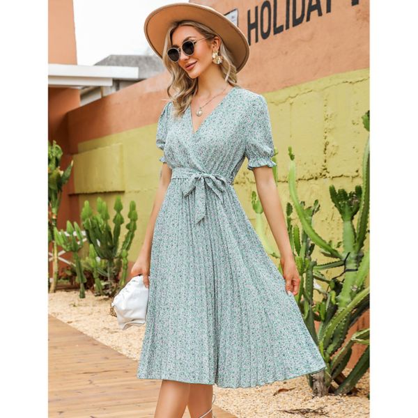 Women's Wrap V Neck Floral Pleated Dress Short Lantern Sleeve Belted Flowy A Line Midi Dress Kojooin