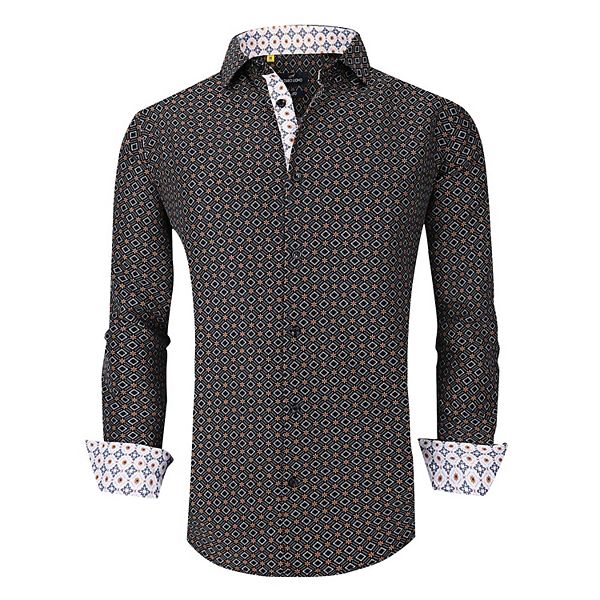 Azaro Uomo Men Slim Fit Four-way Stretch Geometric Long Sleeve Button Down Azaro Uomo