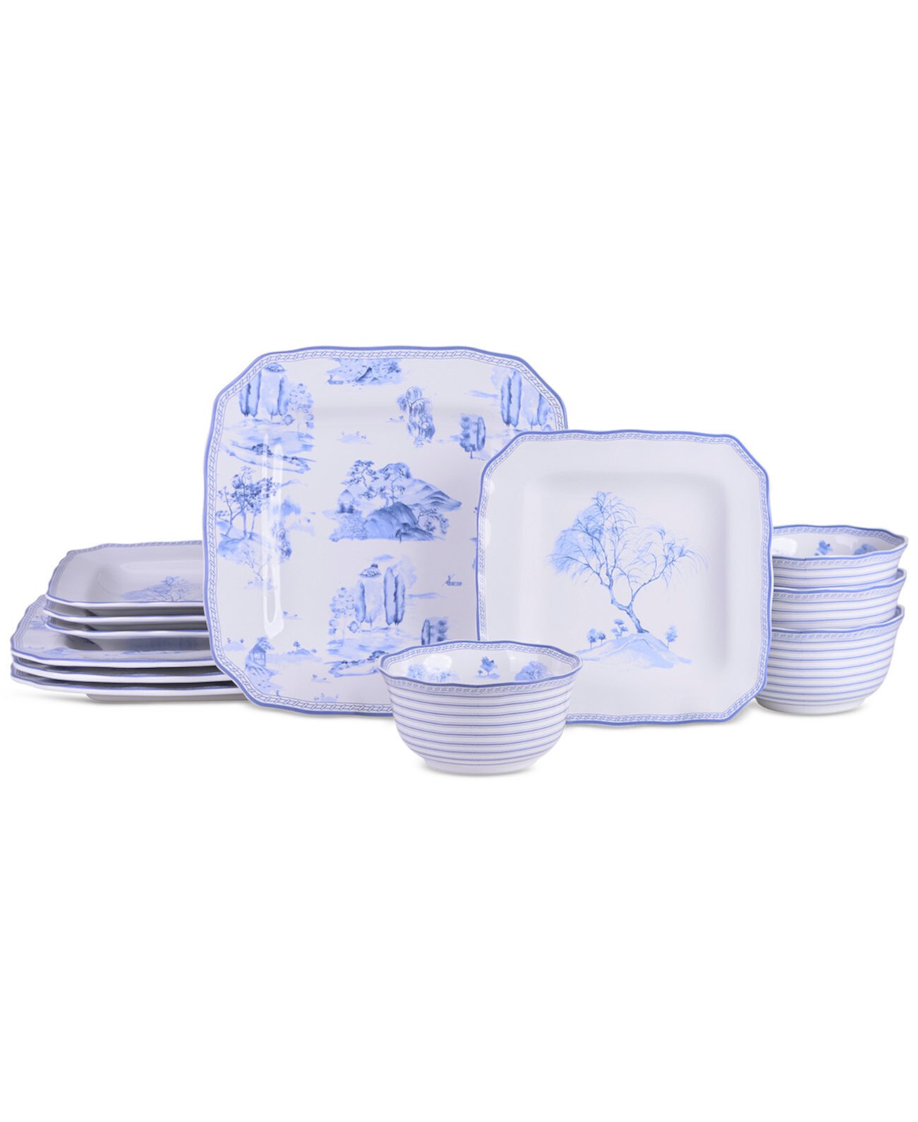 Scenic Toile Blue Porcelain 12 Pc. Dinnerware Set, Service for 4 222 Fifth