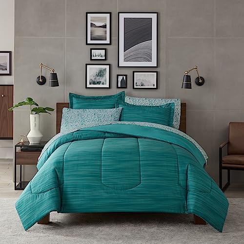 Nine West Harlow 7 Piece Reversible Stripe Bed in a Bag Complete Bedding Comforter Set with Sheets and Pillow Case for All Season, King, Black Nine West