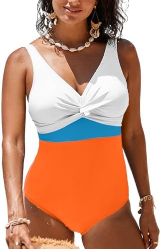 Dokotoo Women's One Piece Swimsuits Tummy Control Wrap V-Neck Twist Front Color Block Bathing Suit Swimwear Dokotoo