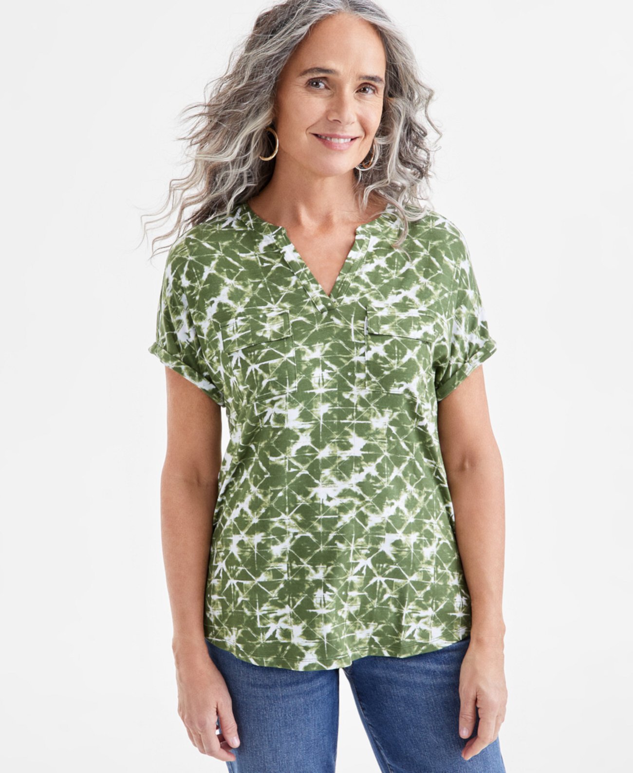 Petite Ocean Dye Knit Short-Sleeve Camp Shirt, Exclusively at Macy's Style & Co