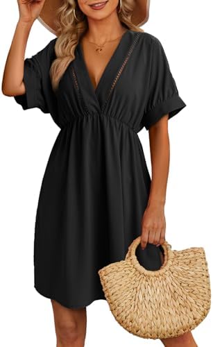 Dokotoo Swimsuit Coverup for Women Hollow Out V Neck Short Sleeve Bathing Suit Bikini Beach Cover Ups Mini Dress Dokotoo