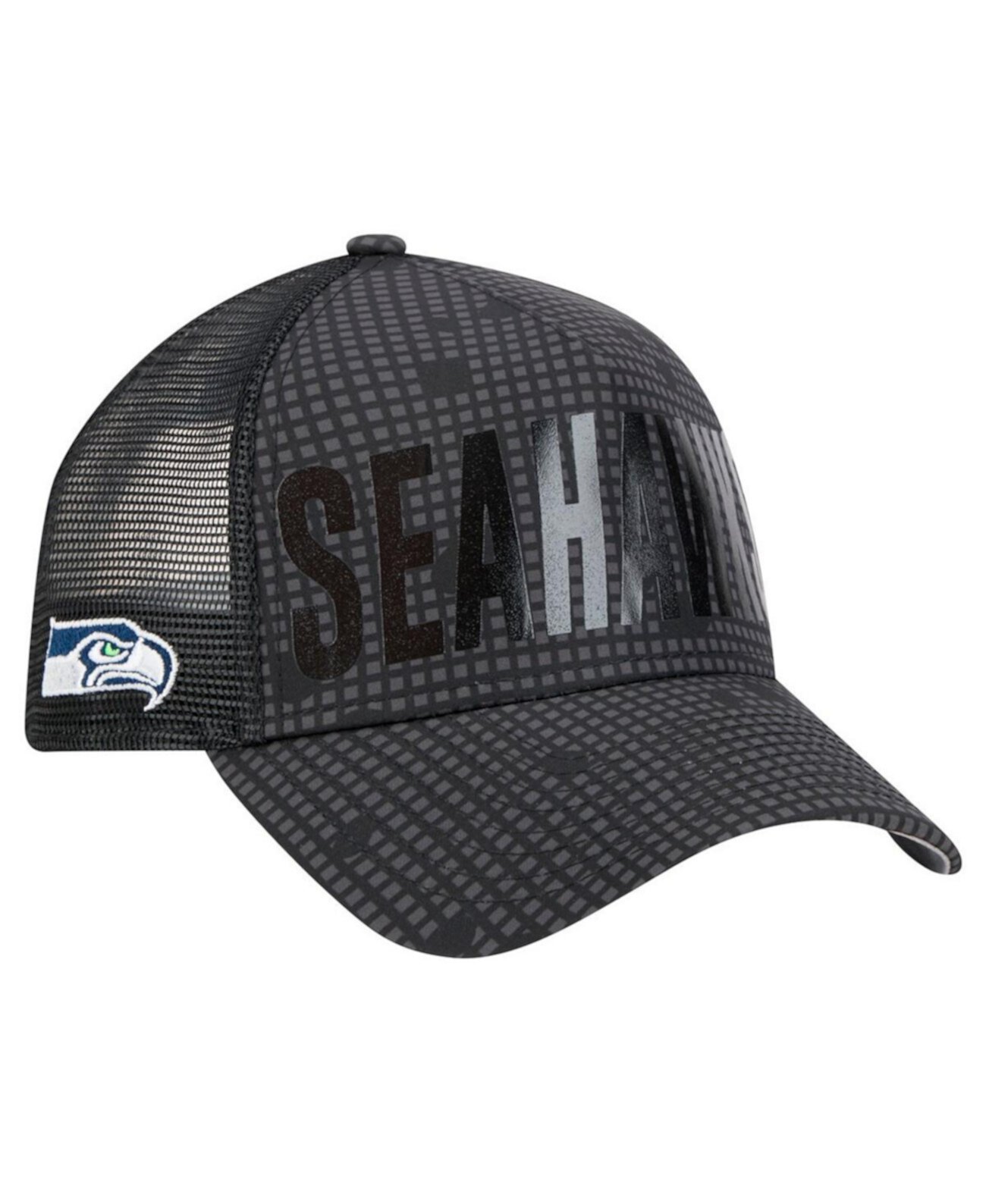 Men's Black Seattle Seahawks Midnight Ink Tonal Text A-Frame Trucker 9FORTY Adjustable Hat New Era