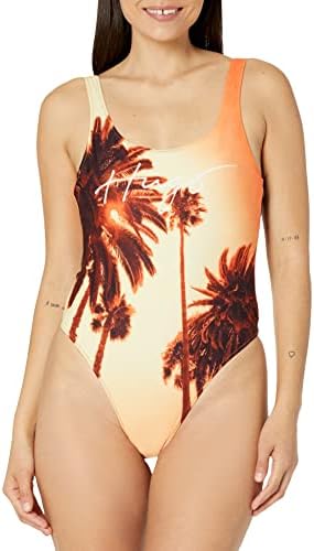 HUGO Women's Standard Script Logo Palm Tree Print Sporty One-Piece Swimsuit Hugo