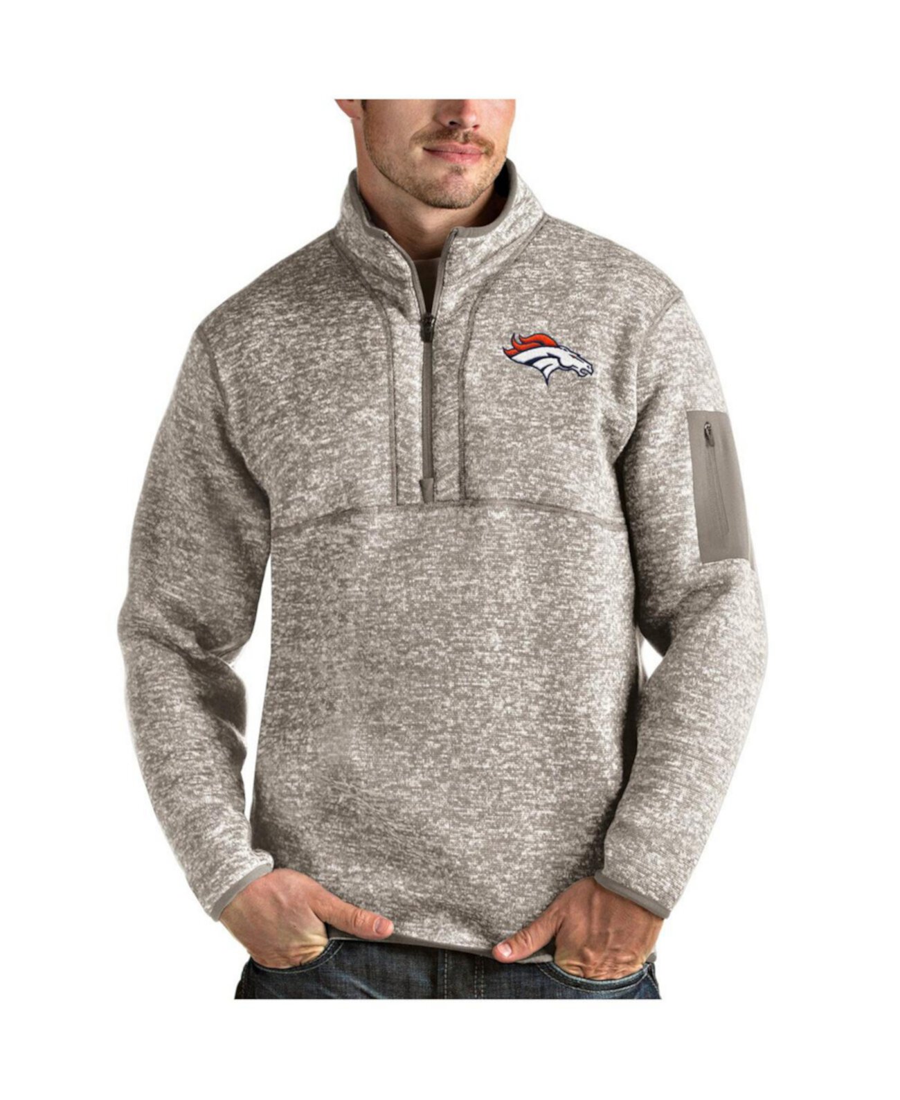 Men's Oatmeal Denver Broncos Fortune Quarter-Zip Pullover Jacket Antigua