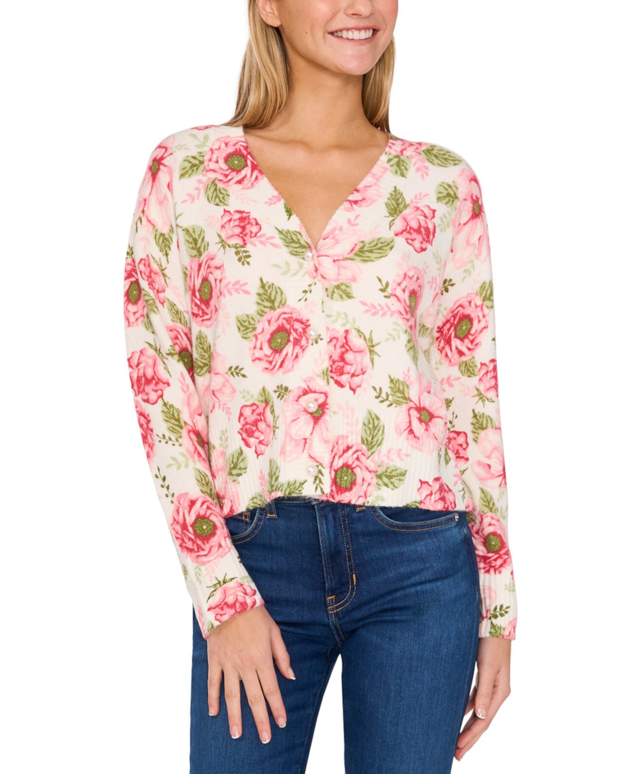 Women's Peony Floral Pearl-Button Cardigan CeCe