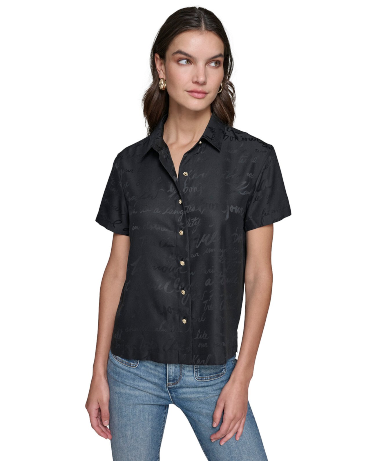 Women's Tonal Script-Print Camp Shirt Karl Lagerfeld Paris