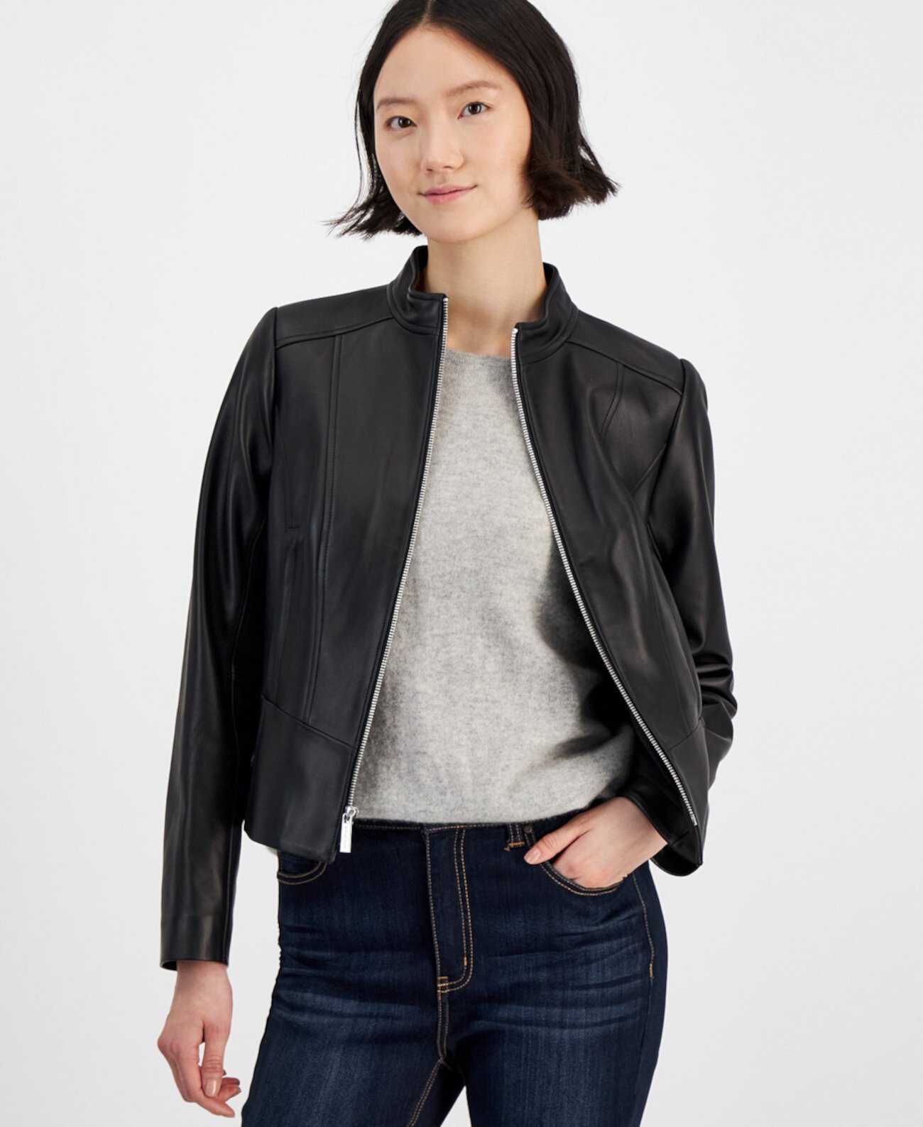 Women's Zip-Front Leather Jacket Michael Kors