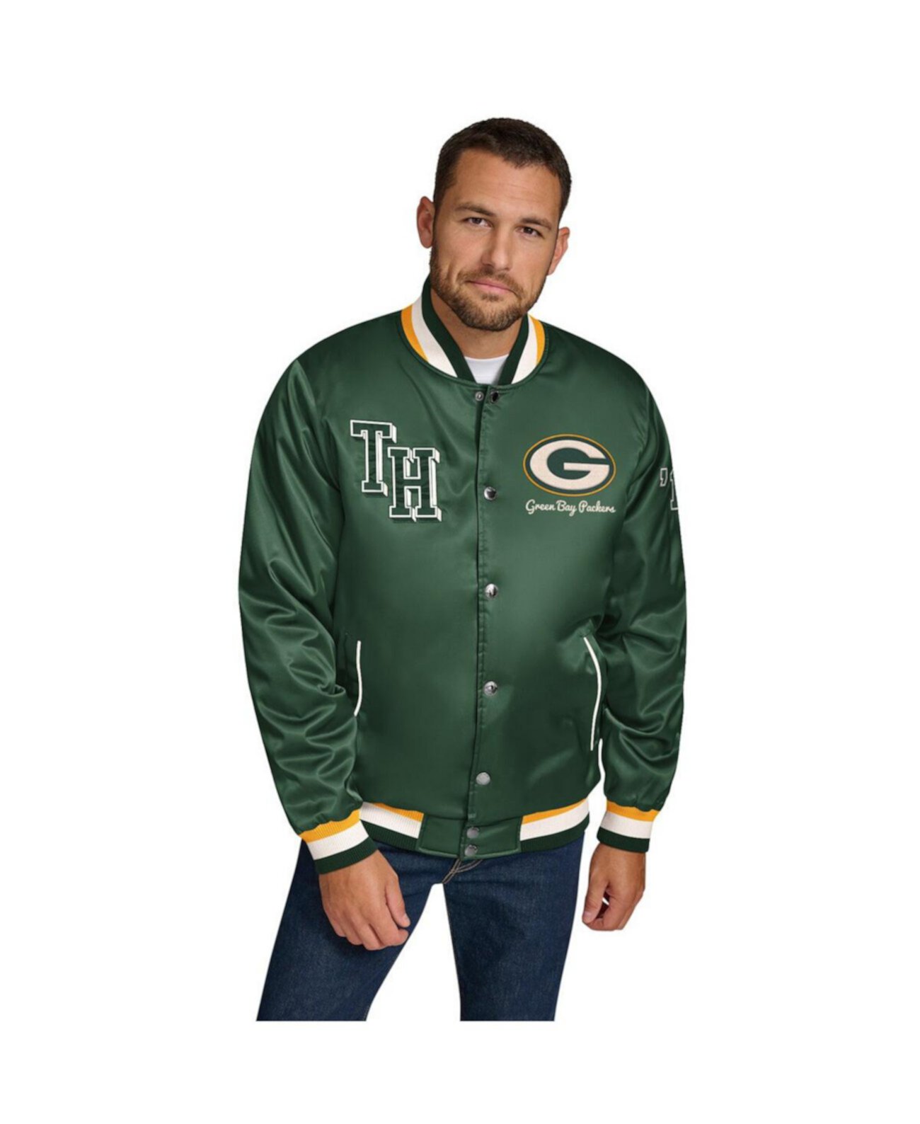 Men's Green Green Bay Packers Dante Full-Snap Satin Jacket Tommy Hilfiger