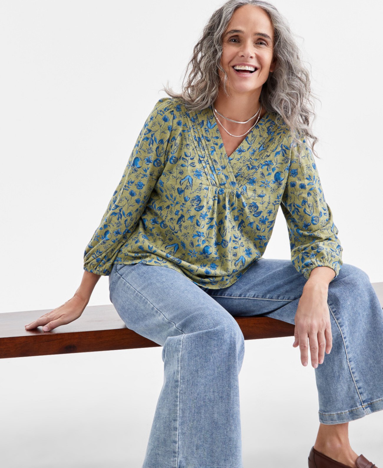 Women's Printed Pintuck V-Neck Knit Top, Exclusively at Macy's Style & Co