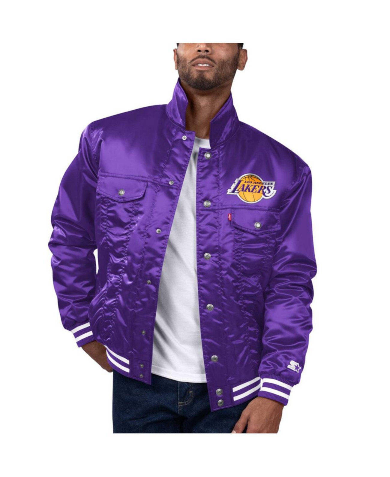 Функциональная и стильная сатиновая куртка-бомбер Levi's Purple Los Angeles Lakers Silver Label с кнопками Starter