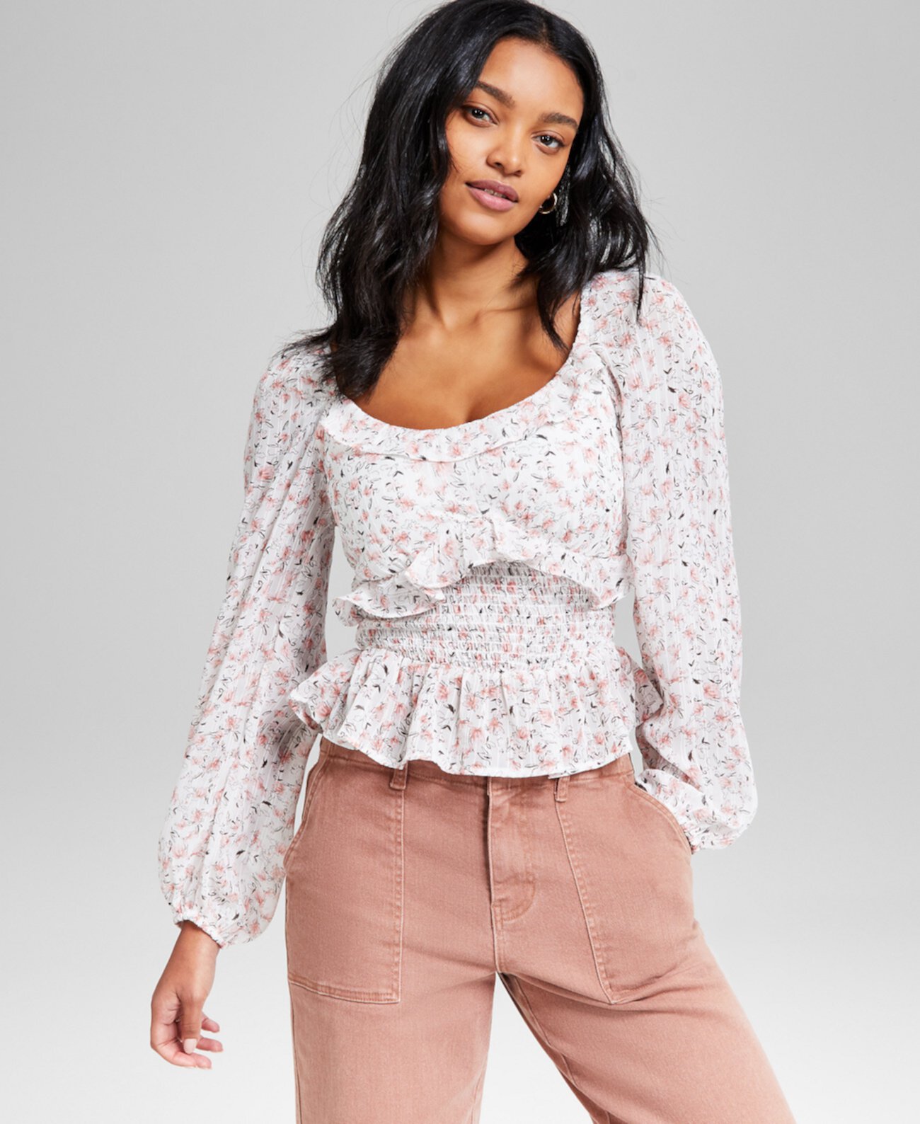 Women's Printed Ruffle-Trim Smocked Top, Exclusively at Macy's And Now This