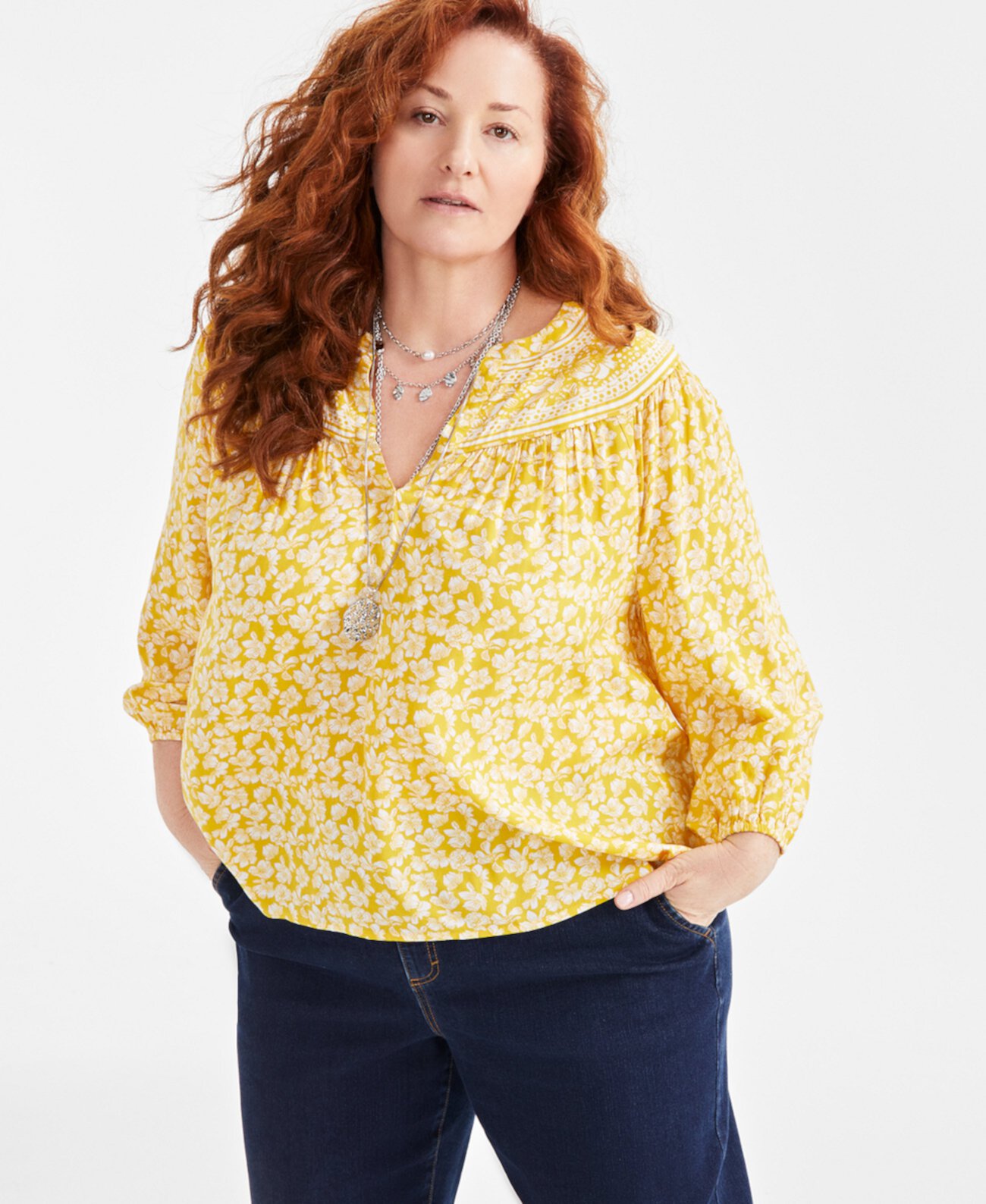 Plus Size Printed Split-Neck  Top, Exclusively at Macy's Style & Co