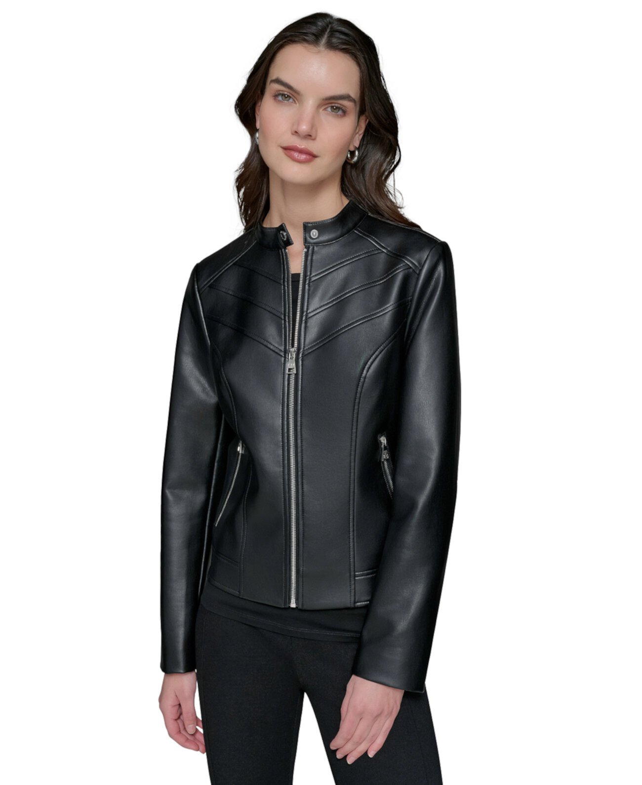 Women's Fitted Mock-Neck Faux-Leather Jacket Karl Lagerfeld Paris