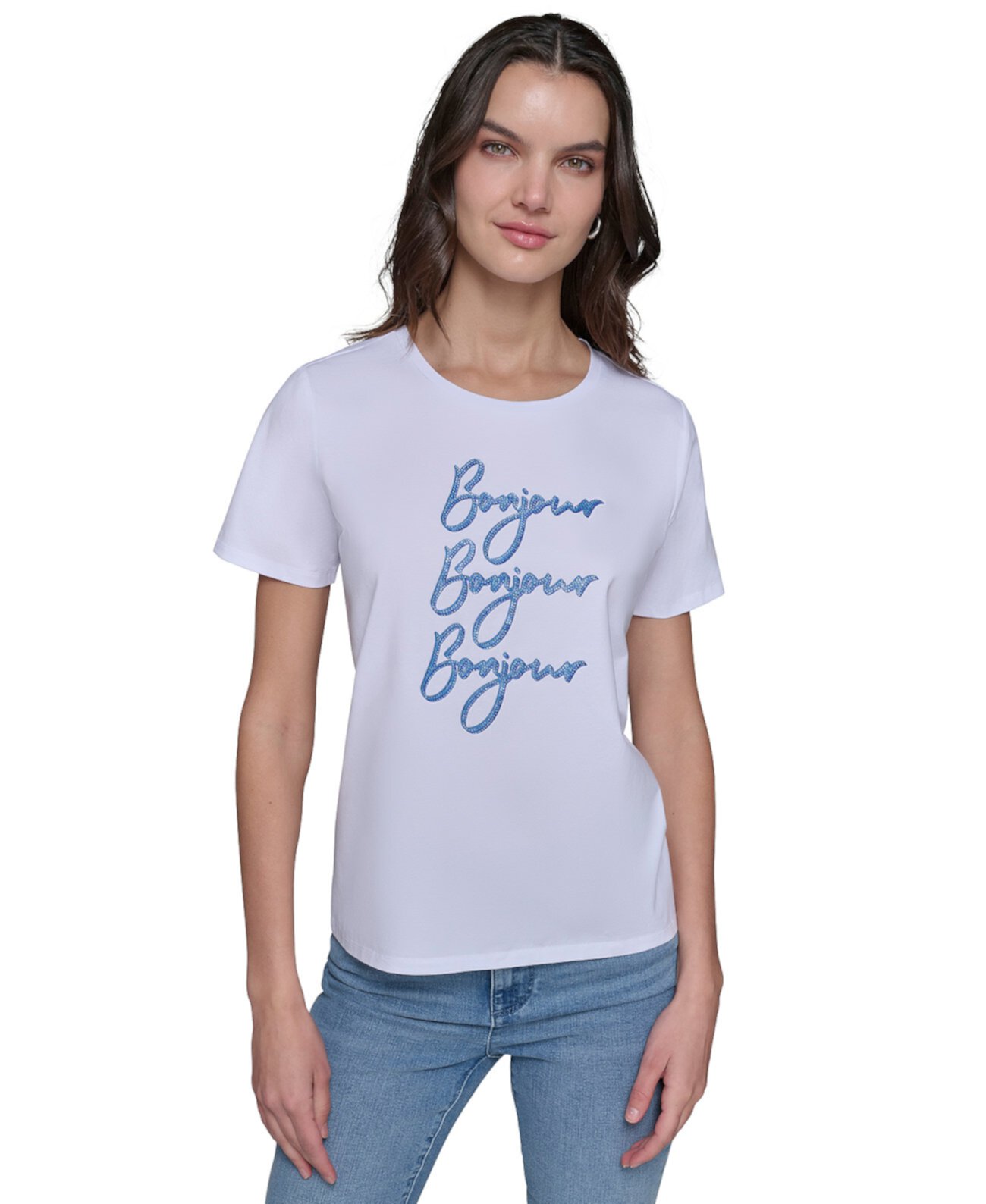 Petite Bonjour Embellished Crewneck T-Shirt Karl Lagerfeld Paris