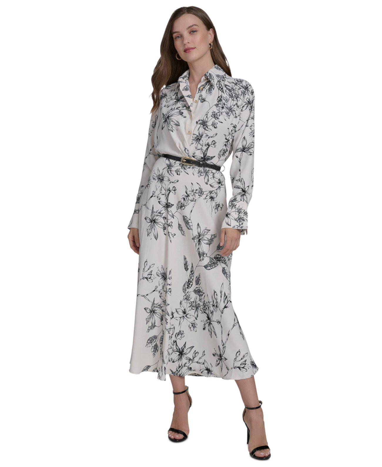 Women's Printed Belted Long-Sleeve A-Line Dress Halston