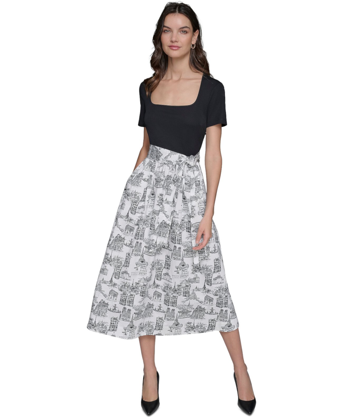 Women's Mixed-Media Short-Sleeve Midi Dress Karl Lagerfeld Paris