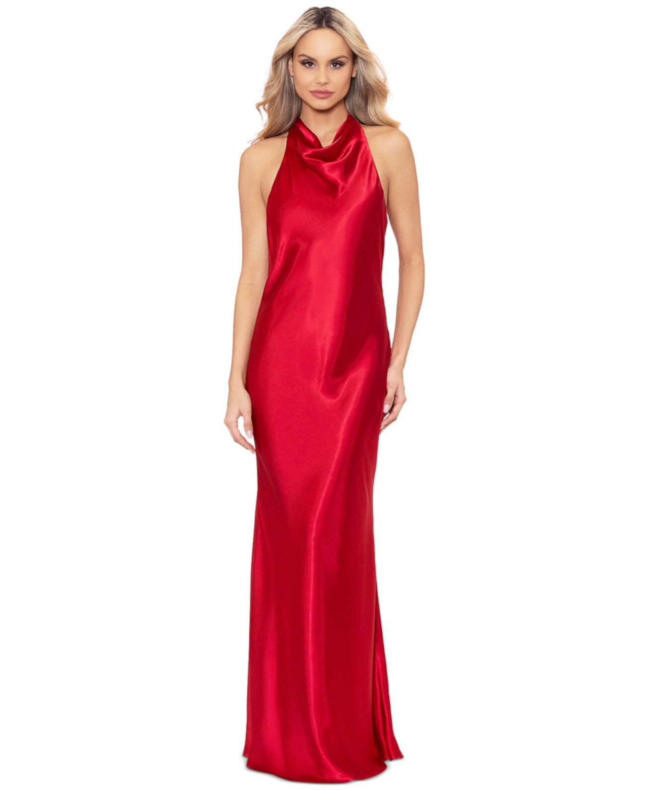 Petite Drape-Neck Halter Charmeuse Gown Betsy & Adam