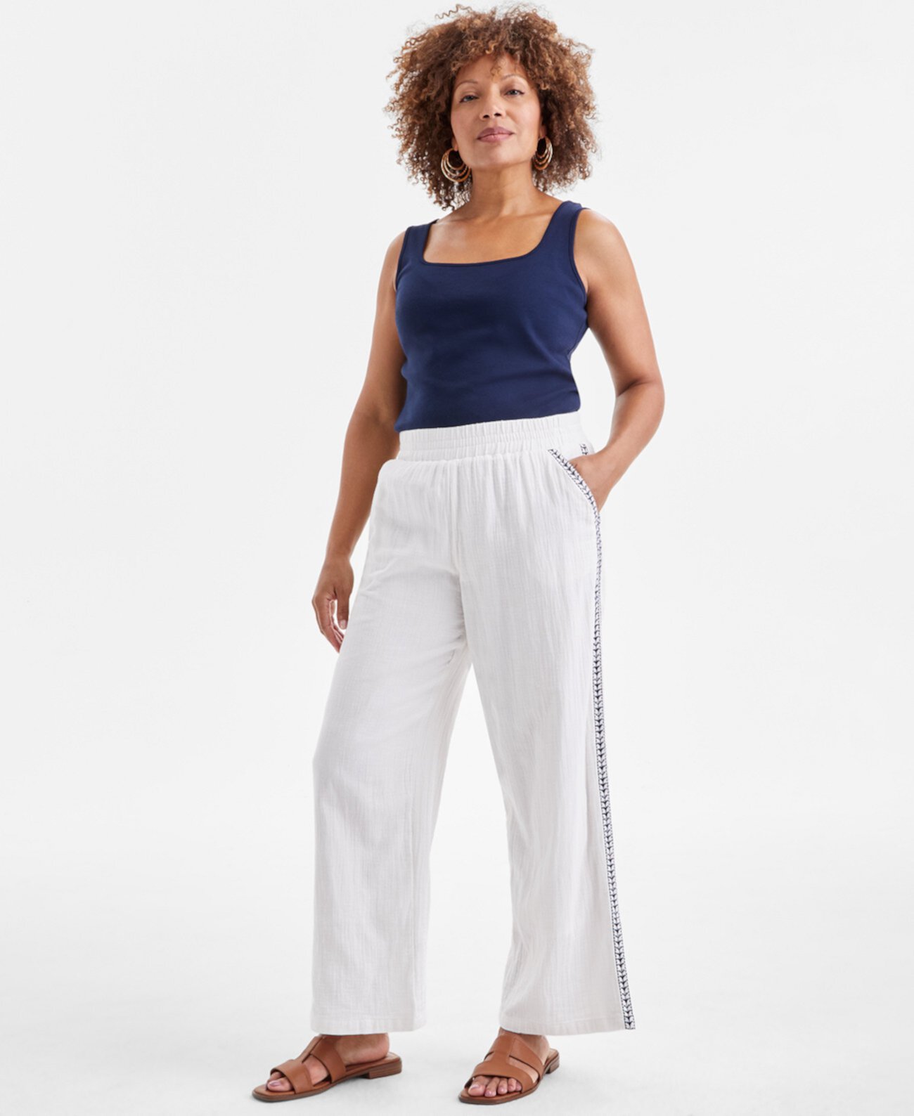 Women's Cotton Embroidered Wide-Leg Gauze Pants, Exclusively at Macy's Style & Co