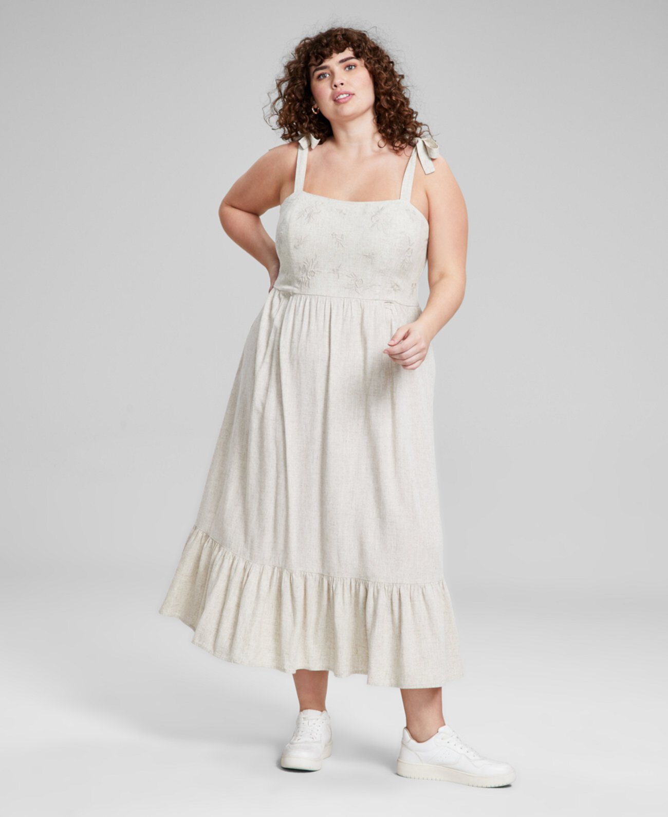 Trendy Plus Size Shoulder-Tie Embroidered Dress, Created for Macy's And Now This