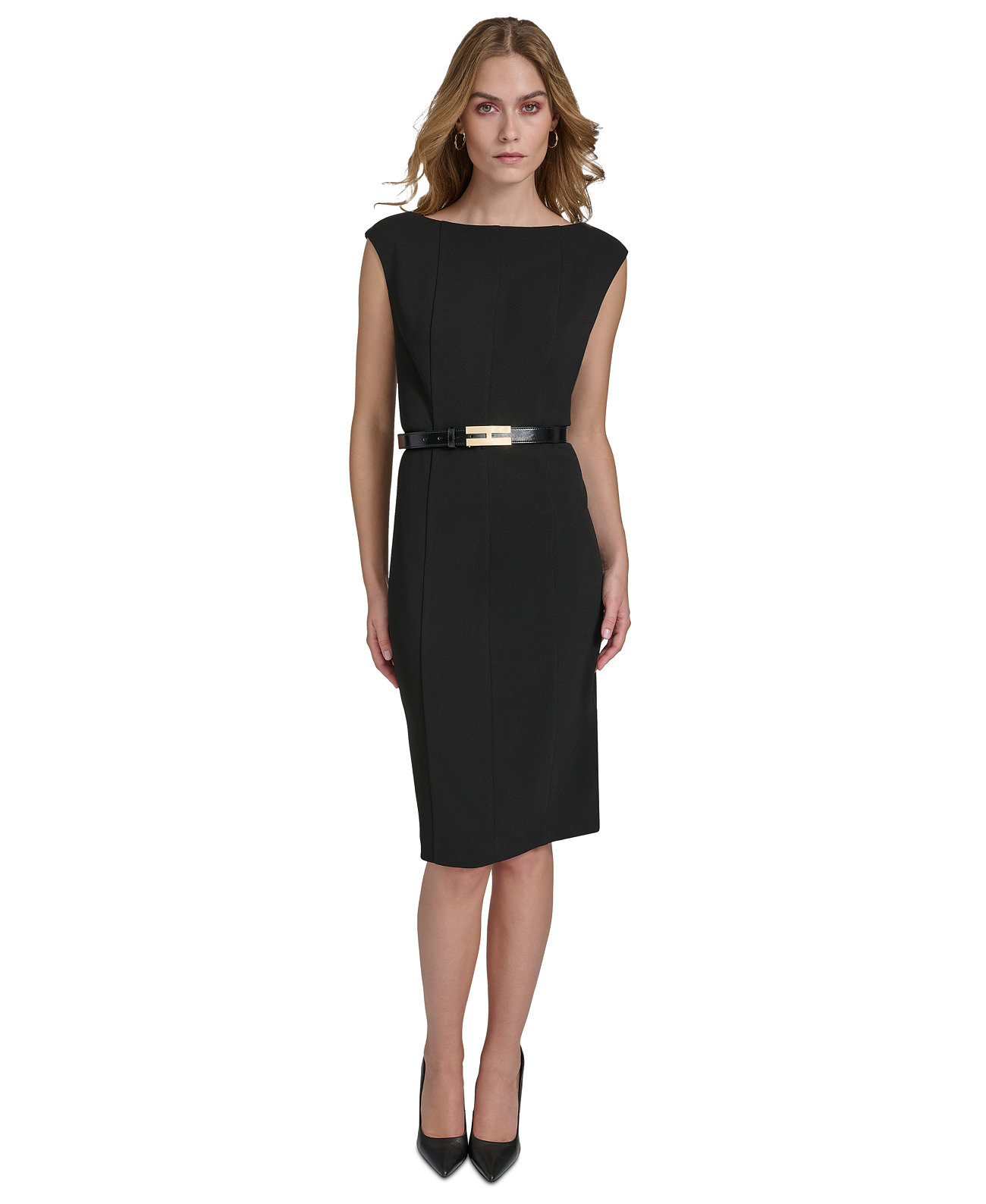 Women's Round-Neck Belted Sleeveless Sheath Dress Halston