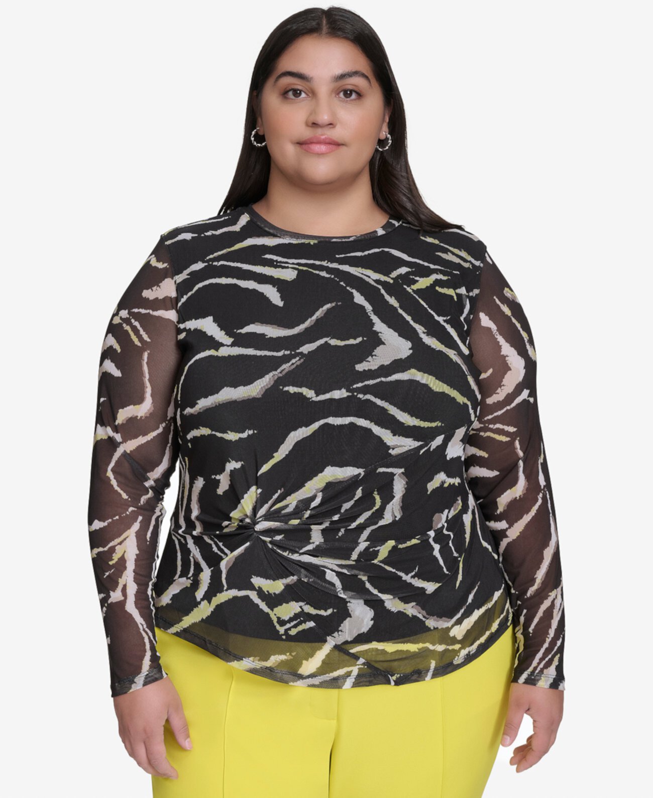 Plus Size Printed Mesh Long-Sleeve Top DKNY